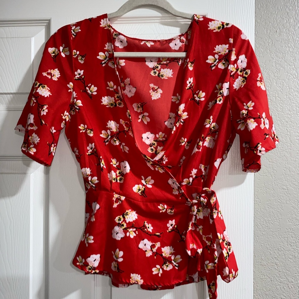 Midnight Sky Red Floral Wrap Blouse